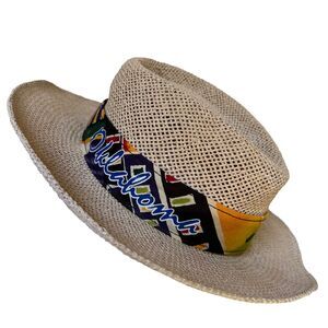 Oklahoma Colorful Straw Hat Made In USA Vintage Summer Neutral Cream